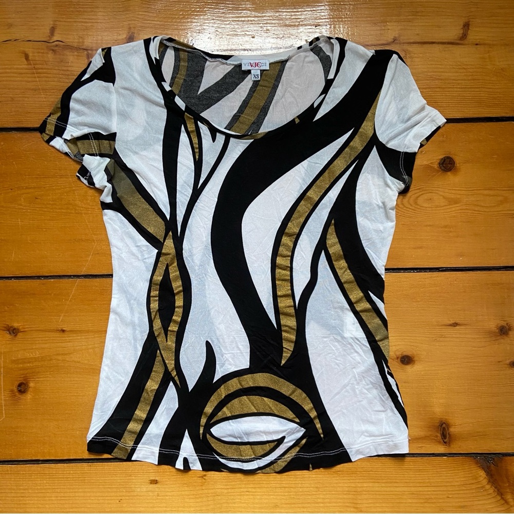Versace Jeans Couture Women's Stretch White Black Gold Short Sleeve Top Size XS